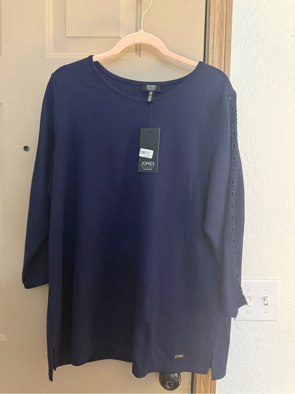 Jones New York Navy Long-Sleeve Tunic with Lace Sleeve Trim